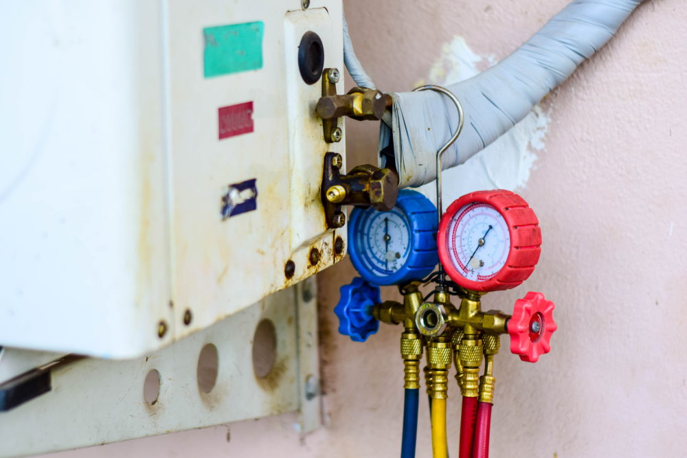 Freon pressure meters during an AC service call